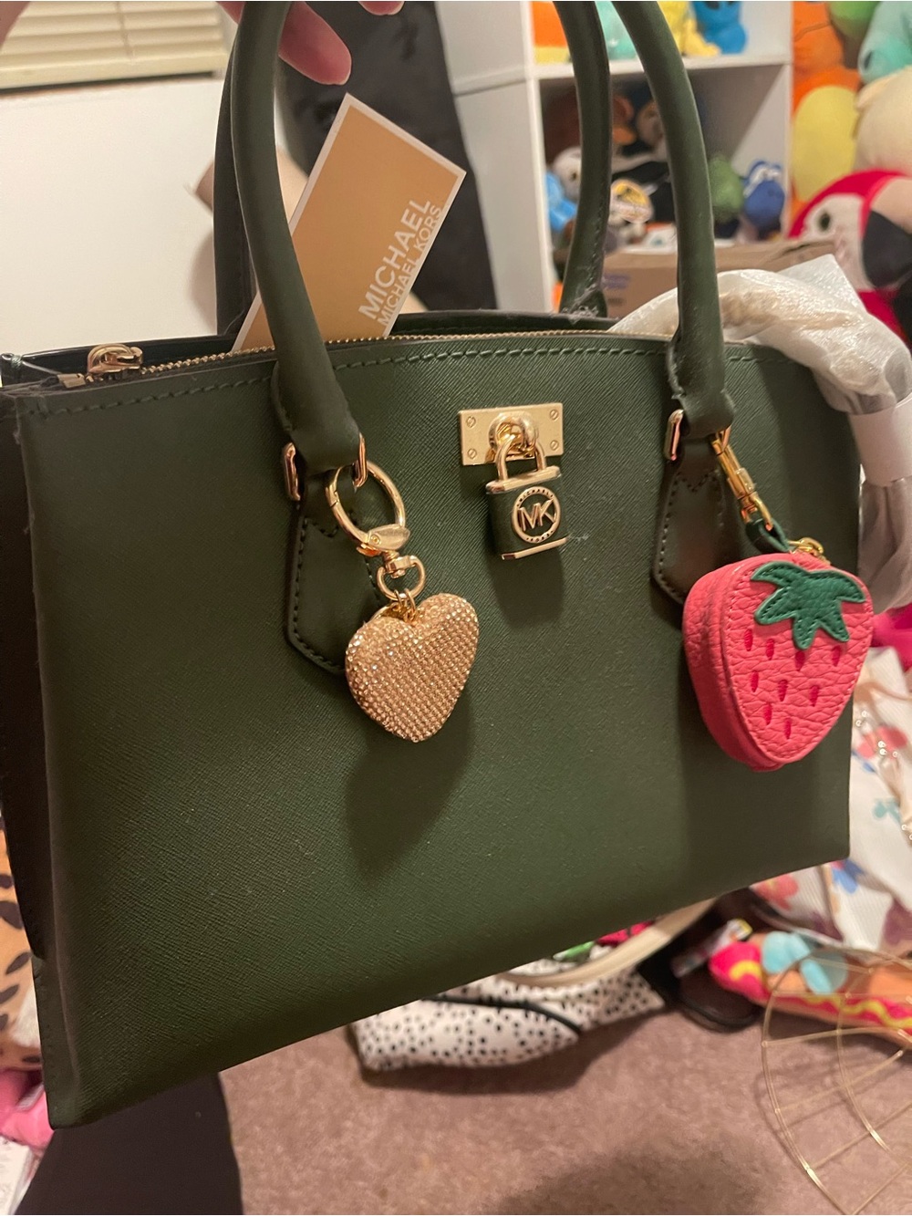 Michael Kors Olive Saffiano Satchel with Gold Hardware and Pink Strawberry Charm